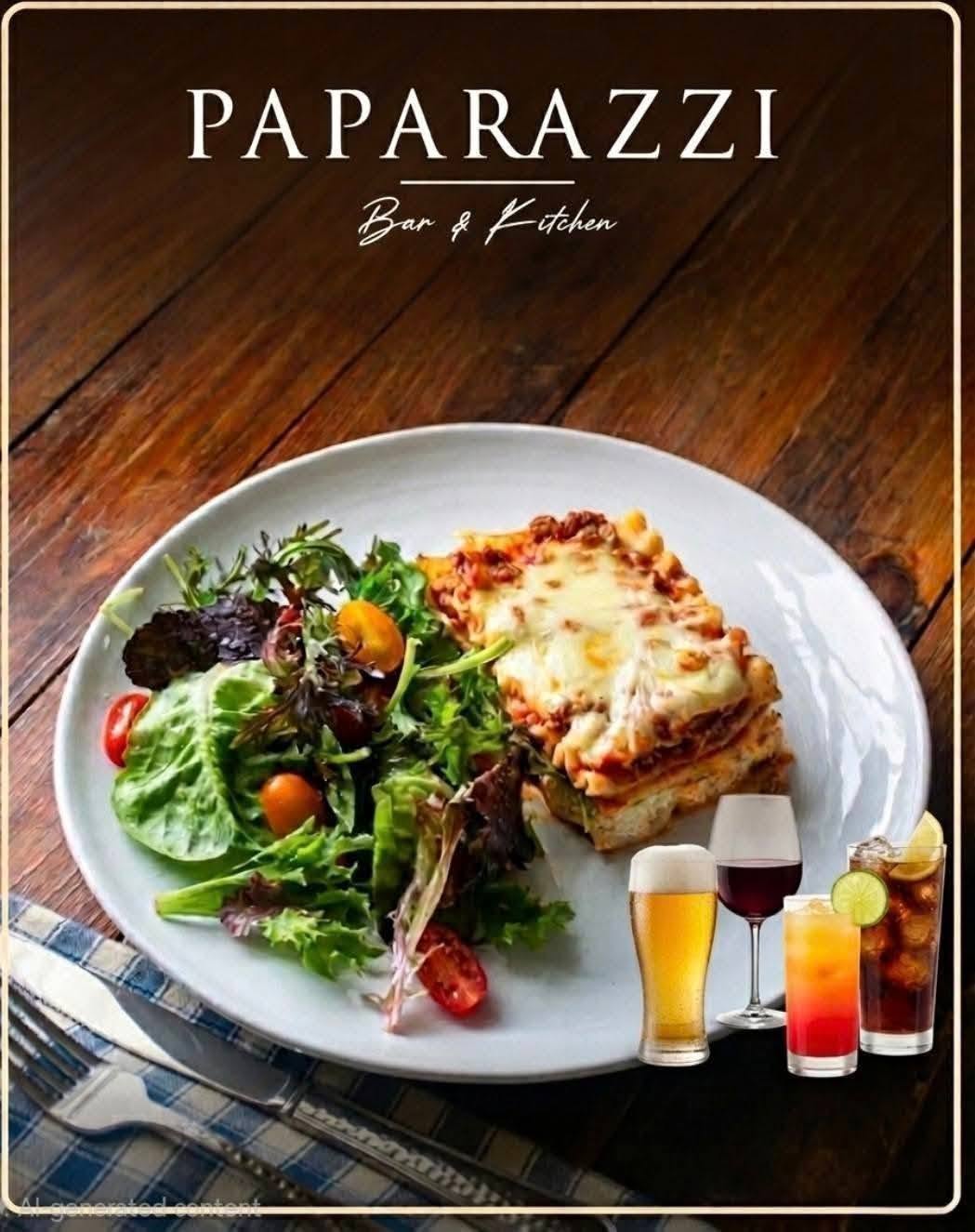 lasagna with side salad, drinks illustrated (menu promo)